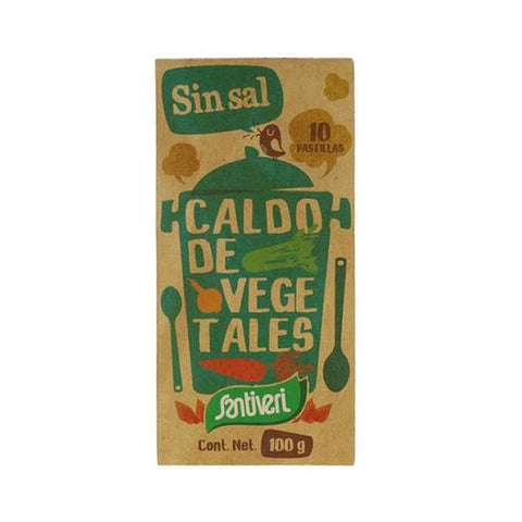 Santiveri Unsalted Vegetable Broth tablets in a box, 10 tablets, 100g, natural flavor, with fresh vegetable ingredients.