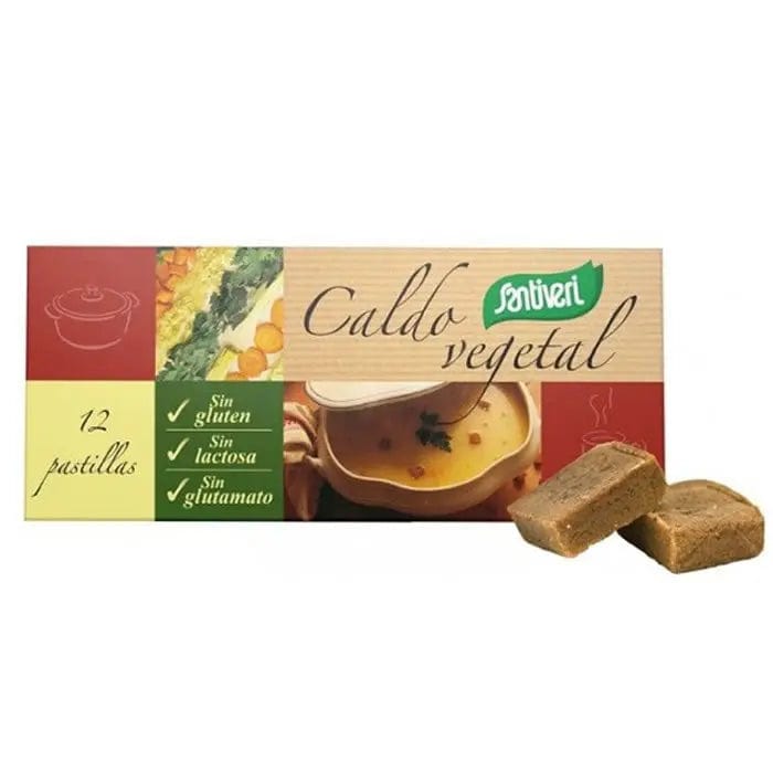 Santiveri Unsalted Vegetable Broth 12 tablets in a clear plastic container, showcasing the product packaging and tablets.