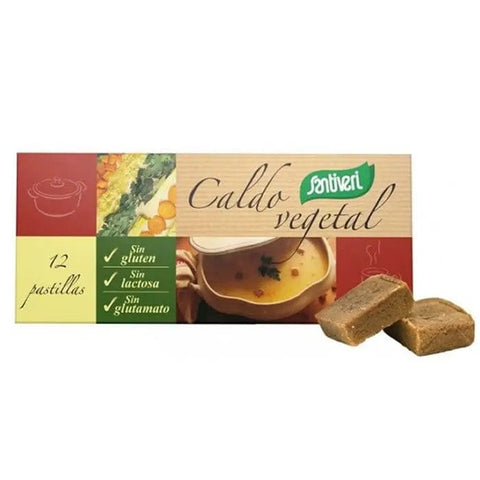 Santiveri Unsalted Vegetable Broth 12 tablets in a clear plastic container, showcasing the product packaging and tablets.