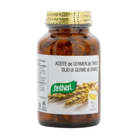 Santiveri Wheat Germ Oil in 120 pearls, dietary supplement with natural wheat germ oil for health and wellness.
