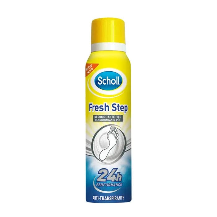 Scholl Fresh Step foot deodorant spray in a 150ml spray bottle, designed to keep feet fresh and odor-free.