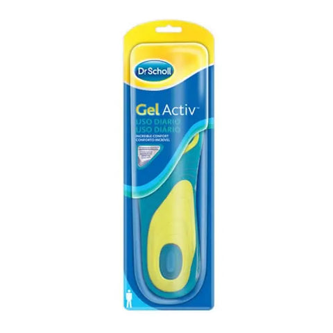 Scholl GelActiv insoles for men, size 42-48, designed for everyday comfort, shown with the insoles laid out on a white background.