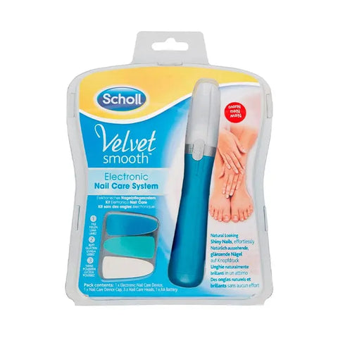 Scholl Velvet Smooth electronic nail care system with ergonomic design, used for smoothing and shaping nails.