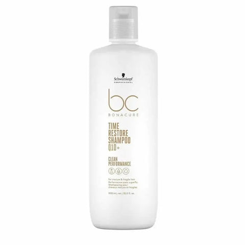 Schwarzkopf BC Time Restore Q10 Shampoo in a 1000ml bottle, designed for hair renewal and strengthening, branded by Jag Couture London New York.