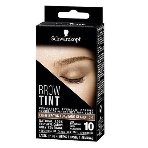 Schwarzkopf Brow Tint Light Brown 5-1 by Jag Couture London - New York, featuring a close-up of the tinted eyebrow product and applicator