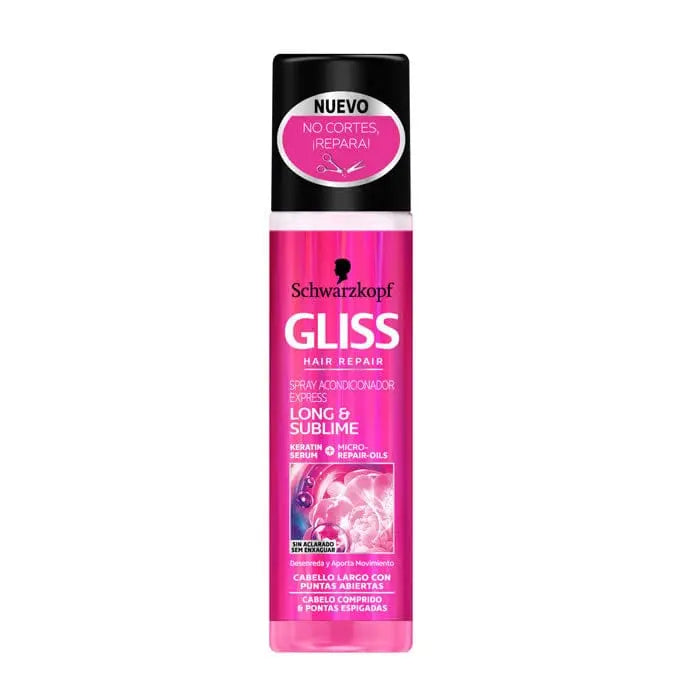 Schwarzkopf Gliss Long and Sublime Conditioner Spray Express in a 200ml bottle, designed to nourish and detangle long hair.