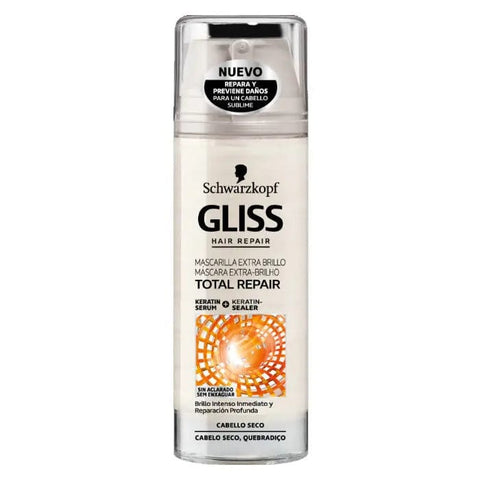 Schwarzkopf Gliss Total Repair Extra Shine Hair Mask 150ml in a white jar with black and purple label on a white background
