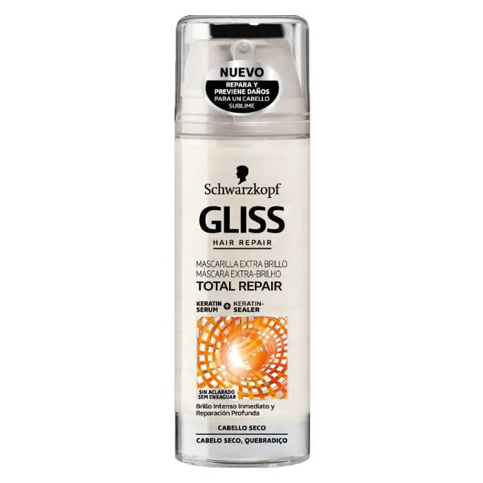 Schwarzkopf Gliss Total Repair Extra Shine Hair Mask 150ml in a sleek jar with silver and purple packaging.