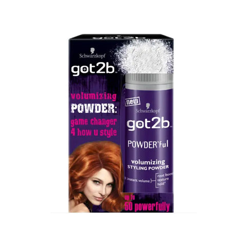 Schwarzkopf Got2b Powder'ful volumizing styling powder in 10g jar, shown with packaging featuring black and pink design.