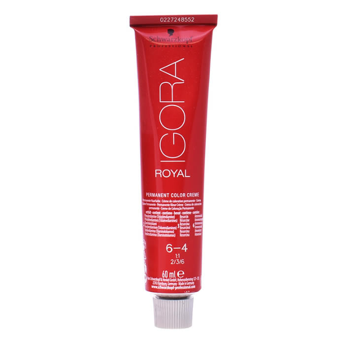Schwarzkopf Igora Royal 6-4 hair color in 60ml tube, displayed with brand packaging and color swatch.