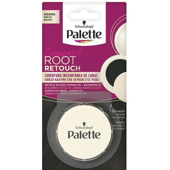 Schwarzkopf Palette Compact Root Retouch in black, a hair color touch-up kit, held in hand with a black and white background.