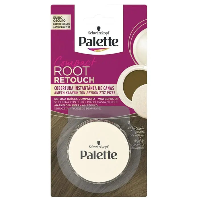 Schwarzkopf Palette Compact Root Retouch in Dark Blonde, a hair color touch-up kit with applicator and product packaging.