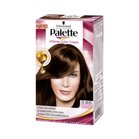 Schwarzkopf Palette Intense Color Cream 3.65 Brown Chocolat in a tube, with hair color swatch and brand packaging visible.