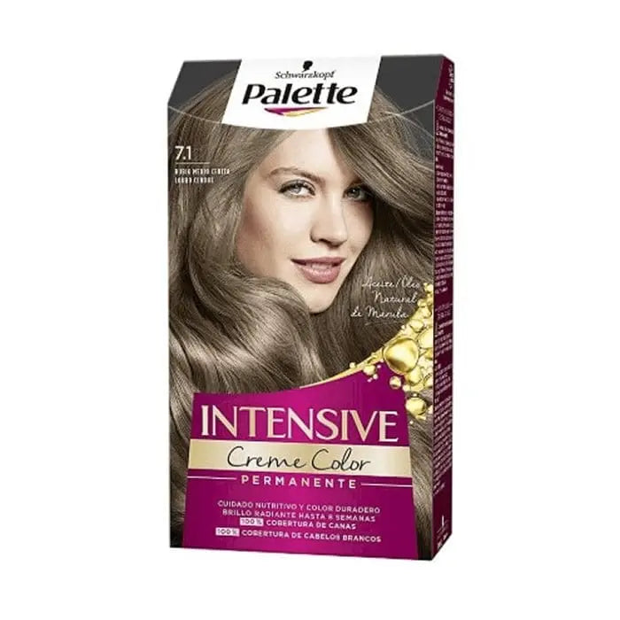 Schwarzkopf Palette Intensive Creme Color Tint 7.1 Medium Ash Blonde hair dye tube with color swatch and branding.