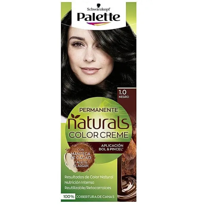 Schwarzkopf Palette Naturals Color Creme 1.0 Black hair dye in a tube, displayed with black hair color swatch.