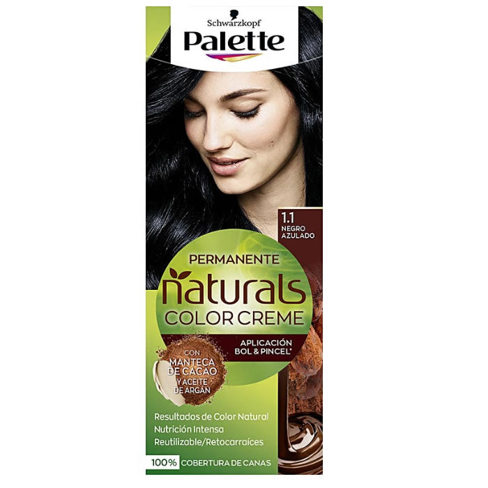 Schwarzkopf Palette Naturals Color Creme 1.1 Bluish Black hair dye jar with black and blue packaging, displayed on a neutral background.