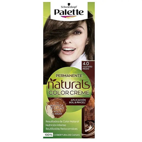 Schwarzkopf Palette Naturals Color Creme 4.0 Medium Chestnut hair dye in a tube, displayed with color swatch and packaging on a white background.