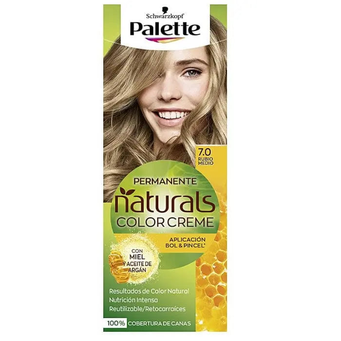 Schwarzkopf Palette Naturals Color Creme 7.0 Medium Blonde hair dye tube with branding, showcasing the product packaging and color.