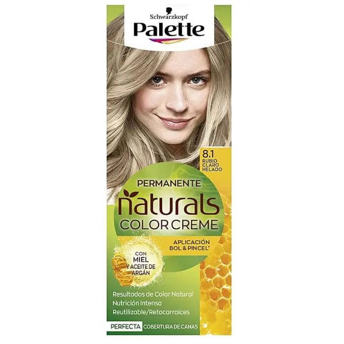 Schwarzkopf Palette Naturals Frosted Light Blonde color cream in a tube, displayed with hair color swatches on a neutral background.