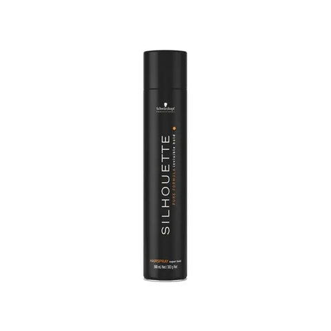 Schwarzkopf Professional Silhouette Super Hold Hairspray 500ml, in a spray bottle, displayed with branding and product details.