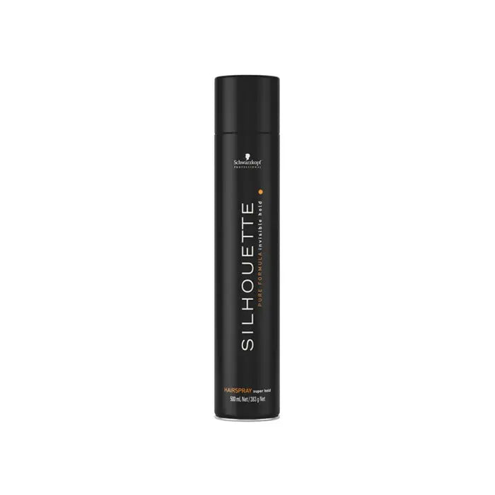Schwarzkopf Professional Silhouette Super Hold Hairspray 500ml in spray bottle, displayed with brand packaging and product label.