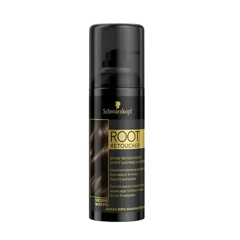 Schwarzkopf Root Retoucher Black Spray 120ml by Jag Couture London New York, close-up of the black root touch-up spray bottle.