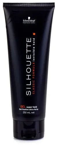 Schwarzkopf Silhouette Extra Strong Gel in 250ml jar, shown with black and white packaging and product label.