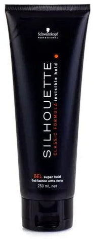 Schwarzkopf Silhouette Extra Strong Gel in 250ml jar, shown with black and white packaging and product label.