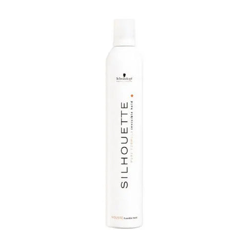 Schwarzkopf Silhouette Flexible Hold Mousse 200ml, hair styling mousse in a white and blue can, on a plain background.