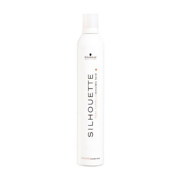 Schwarzkopf Silhouette Flexible Hold Mousse in 200ml bottle, featuring a white and purple packaging with a pump dispenser.
