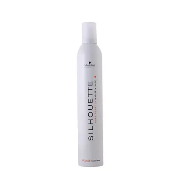 Schwarzkopf Silhouette Flexible Hold Mousse in a 500ml bottle, with the product label visible and a nozzle for styling.