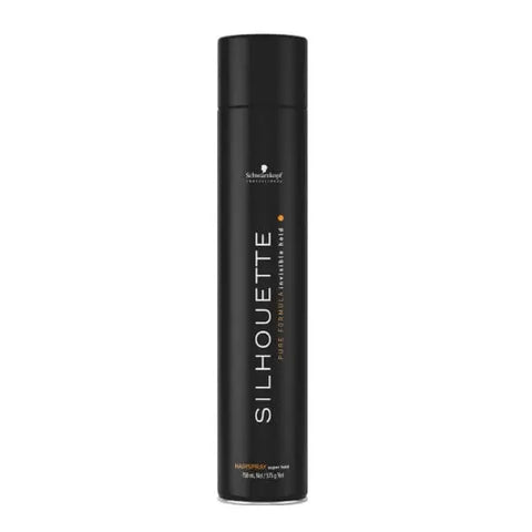 Schwarzkopf Silhouette Super Hold Hairspray 750ml bottle with black cap, in front of a plain background.