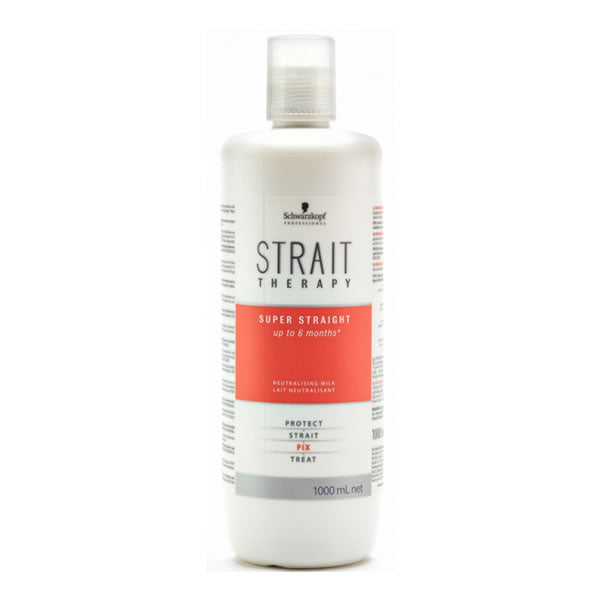 Jag Couture London New York Schwarzkopf Strait Styling Therapy Neutralizing Milk bottle with white cap and label, close-up shot.