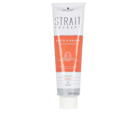 Schwarzkopf Strait Styling Therapy straightening cream in a 300ml jar, with sleek hair showcasing smooth, straight style.