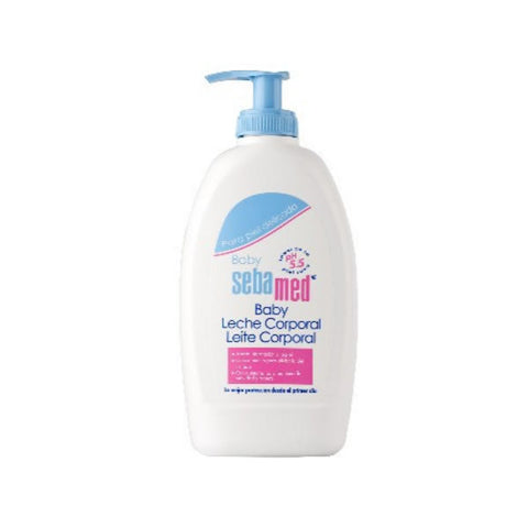 Sebamed Baby Body Milk bottle, 400ml, with soft, gentle formula for baby's skin, presented in a clean, simple container.