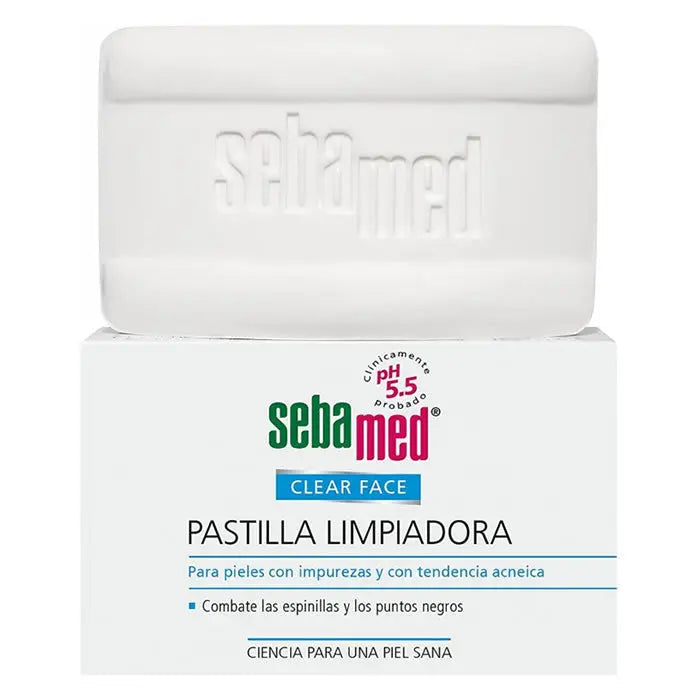 Sebamed Clear Face Cleansing Bar 100g, gentle soap for clear skin, displayed in a clean, minimalist setting.