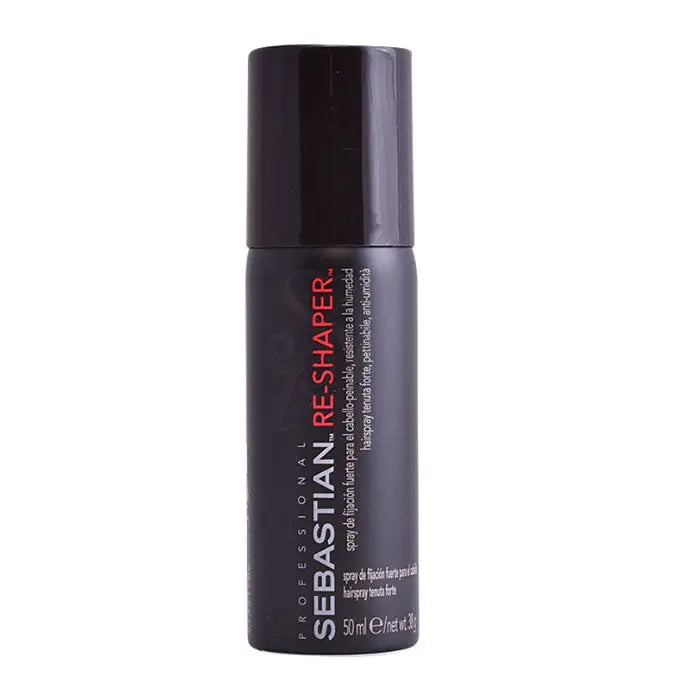Sebastian Re Shaper strong hold hair spray in 50ml bottle, by Jag Couture London New York, styled hair with sleek finish