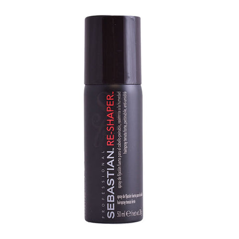Jag Couture London - New York Sebastian Re Shaper strong hold hair spray, 50ml, with a spray bottle and styled hair.