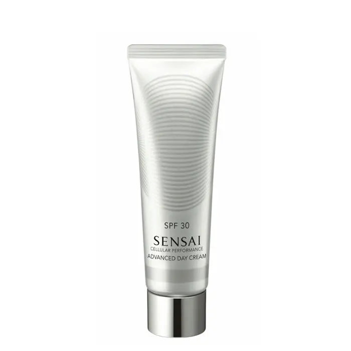 Sensai Cellular Performance Advanced Day Cream SPF30 in 50ml jar, featuring a sleek design with a white and silver container.