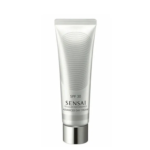 Sensai Cellular Performance Advanced Day Cream SPF30 in 50ml jar, featuring a sleek design with a white and silver container.