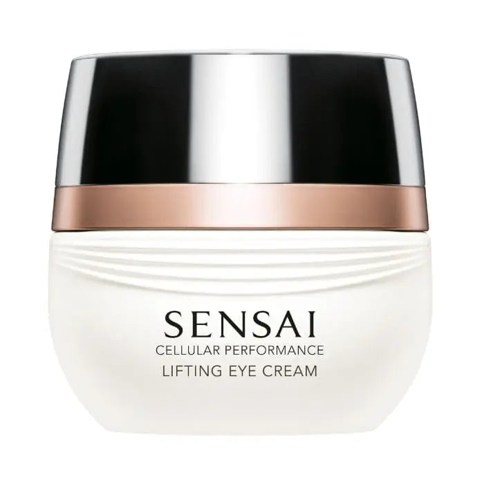 Sensai Cellular Performance Lifting Eye Cream jar with white label and silver lid, 15ml, on a neutral background.