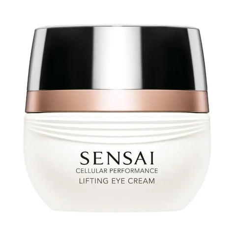 Sensai Cellular Performance Lifting Eye Cream jar with white label and silver lid, 15ml, on a neutral background.