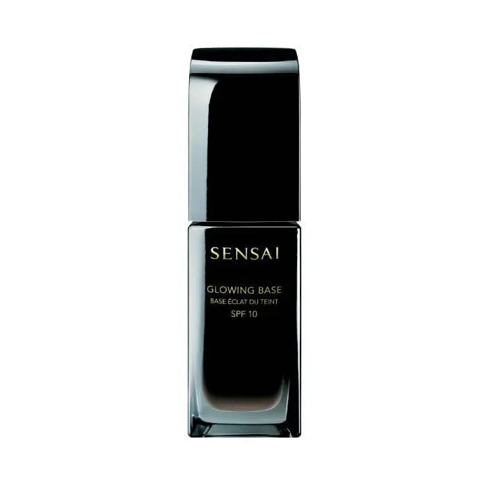 Sensai Glowing Base SPF10 in 30ml by Jag Couture London featuring a sleek, transparent bottle with a white cap and pink accents.