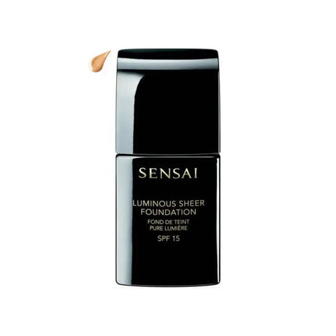 Sensai Luminous Sheer Foundation SPF15 in 203 Neutral Beige, 30ml bottle, with sleek packaging and product label visible.