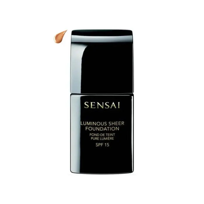 Sensai Luminous Sheer Foundation SPF 15 in 204 Honey Beige, 30ml bottle, with smooth, luminous liquid texture and beige shade.