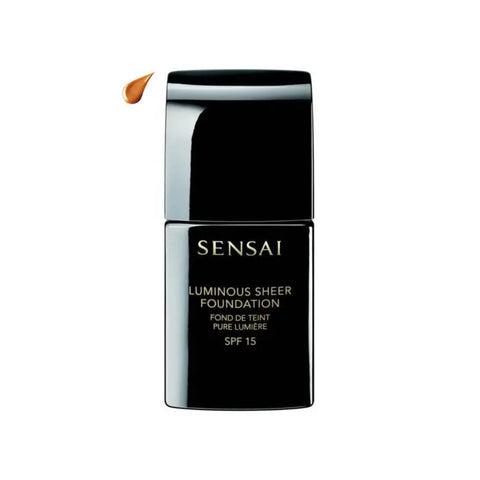 Sensai Luminous Sheer Foundation SPF15 in 30ml, shade 205 Mocha Beige, with smooth, luminous liquid texture and elegant packaging.