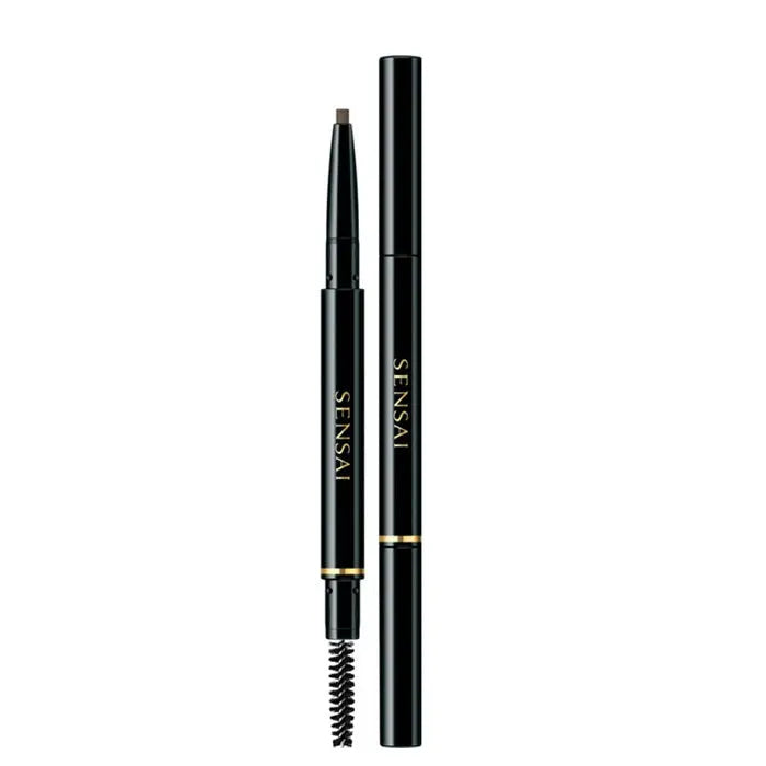 Jag Couture London Sensai Styling Eyebrow Pencil in Warm Brown, featuring a close-up of the pencil tip and product packaging.