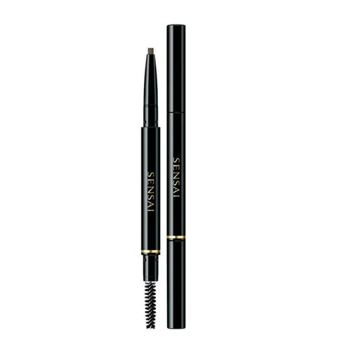 Jag Couture London Sensai Styling Eyebrow Pencil in Warm Brown, featuring a close-up of the pencil tip and product packaging.