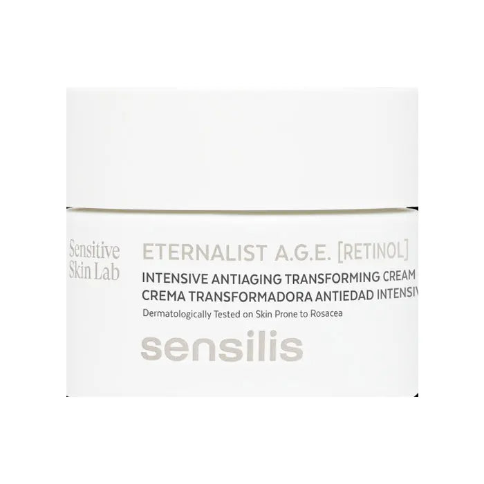 Sensilis Eternalist Age Retinol Transforming Anti-Ageing Cream in 50ml jar, featuring a sleek skincare container.