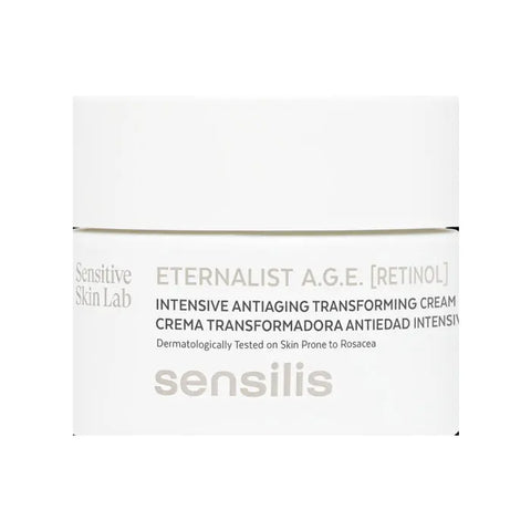 Sensilis Eternalist Age Retinol Transforming Anti-Ageing Cream in 50ml jar, featuring a sleek skincare container.